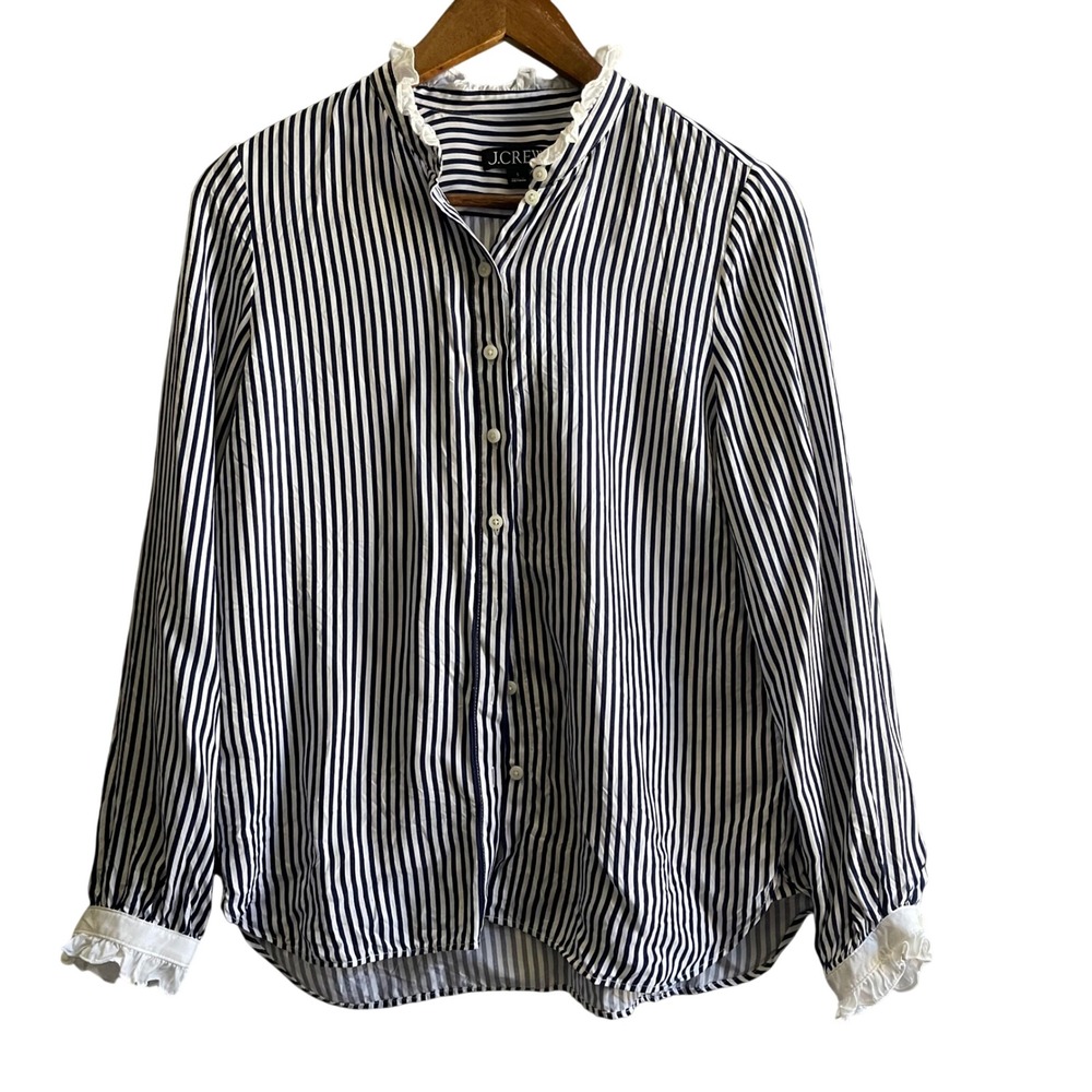 J.Crew Button Down Women S Navy White Stripe Ruffle Collar Eyelet Preppy Caostal